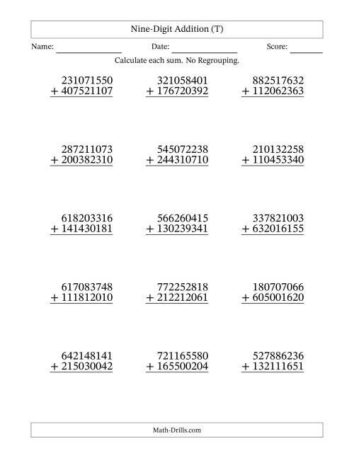 The Nine-Digit Addition With No Regrouping – 15 Questions (T) Math Worksheet