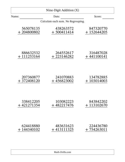 The Nine-Digit Addition With No Regrouping – 15 Questions (X) Math Worksheet
