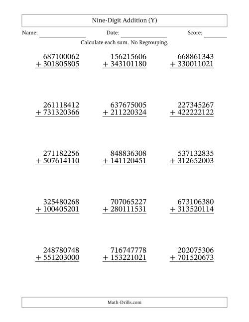 The Nine-Digit Addition With No Regrouping – 15 Questions (Y) Math Worksheet