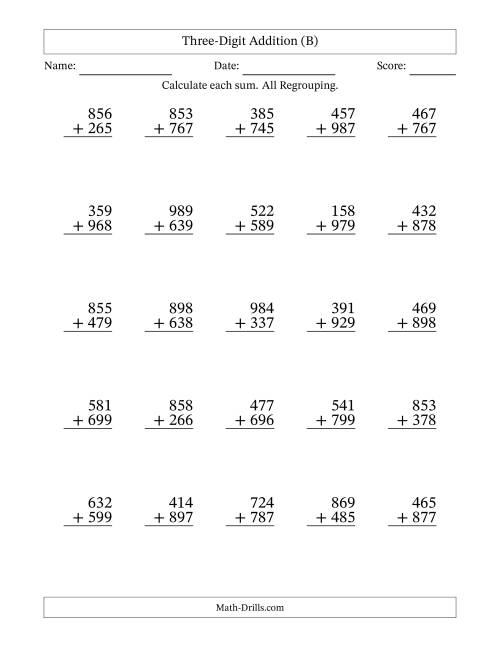 The Three-Digit Addition With All Regrouping – 25 Questions (B) Math Worksheet