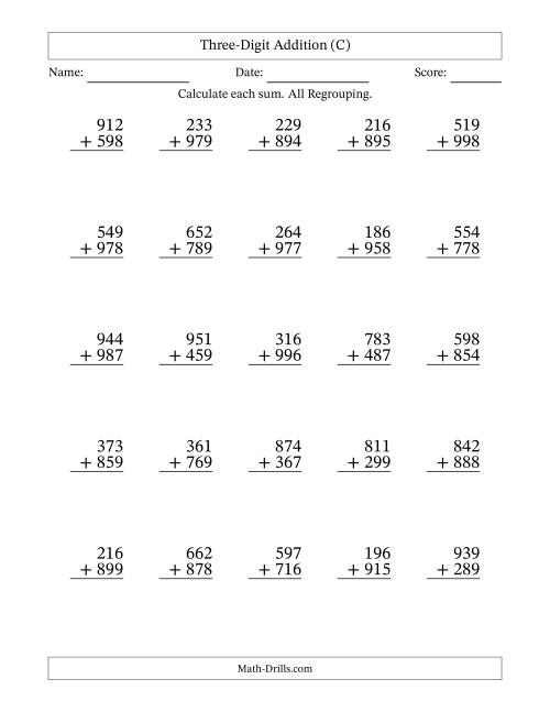 The Three-Digit Addition With All Regrouping – 25 Questions (C) Math Worksheet