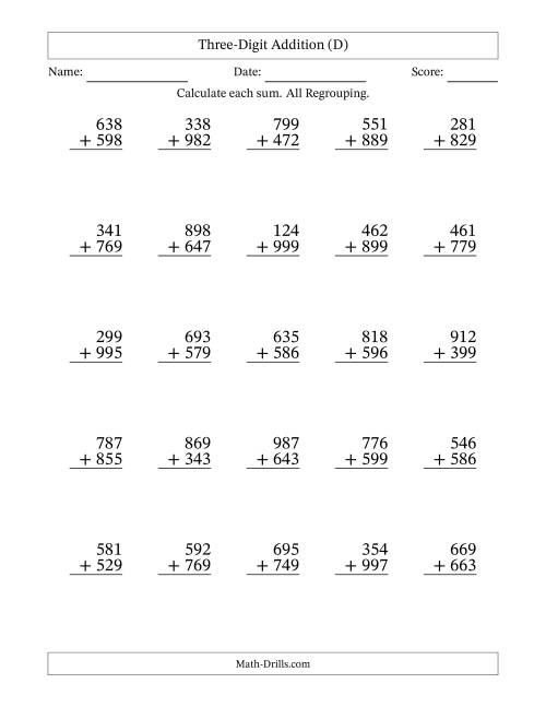 The Three-Digit Addition With All Regrouping – 25 Questions (D) Math Worksheet