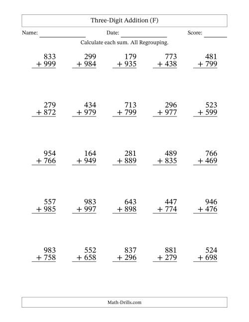 The Three-Digit Addition With All Regrouping – 25 Questions (F) Math Worksheet