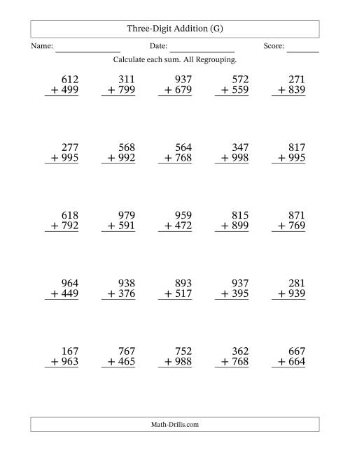 The Three-Digit Addition With All Regrouping – 25 Questions (G) Math Worksheet