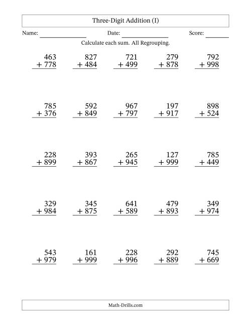 The Three-Digit Addition With All Regrouping – 25 Questions (I) Math Worksheet