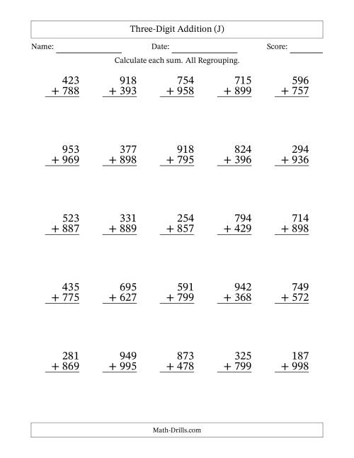 The Three-Digit Addition With All Regrouping – 25 Questions (J) Math Worksheet
