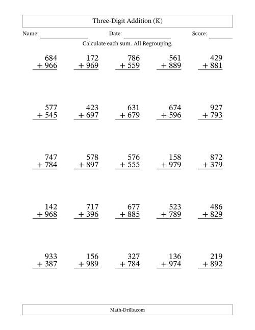 The Three-Digit Addition With All Regrouping – 25 Questions (K) Math Worksheet