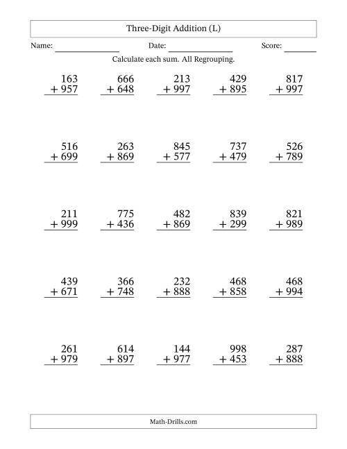 The Three-Digit Addition With All Regrouping – 25 Questions (L) Math Worksheet