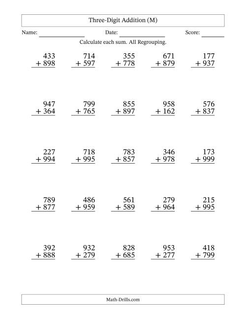 The Three-Digit Addition With All Regrouping – 25 Questions (M) Math Worksheet
