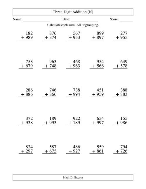 The Three-Digit Addition With All Regrouping – 25 Questions (N) Math Worksheet