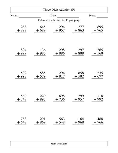The Three-Digit Addition With All Regrouping – 25 Questions (P) Math Worksheet