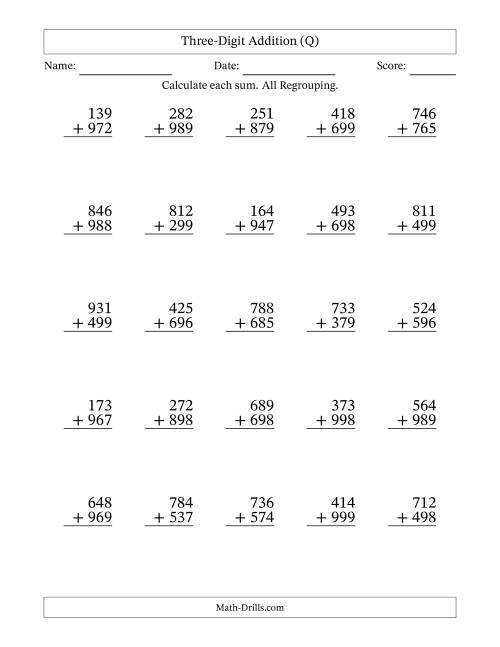 The Three-Digit Addition With All Regrouping – 25 Questions (Q) Math Worksheet