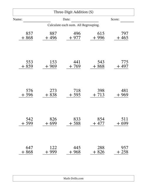 The Three-Digit Addition With All Regrouping – 25 Questions (S) Math Worksheet