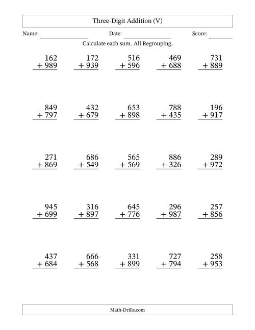 The Three-Digit Addition With All Regrouping – 25 Questions (V) Math Worksheet