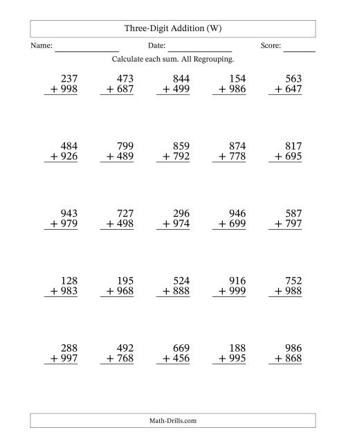 The Three-Digit Addition With All Regrouping – 25 Questions (W) Math Worksheet