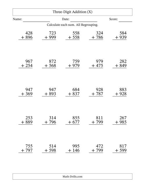 The Three-Digit Addition With All Regrouping – 25 Questions (X) Math Worksheet