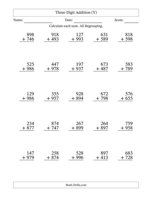 The Three-Digit Addition With All Regrouping – 25 Questions (Y) Math Worksheet