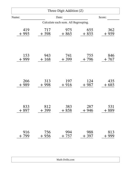 The Three-Digit Addition With All Regrouping – 25 Questions (Z) Math Worksheet