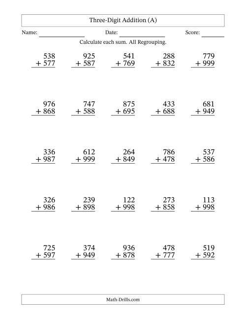 The Three-Digit Addition With All Regrouping – 25 Questions (All) Math Worksheet