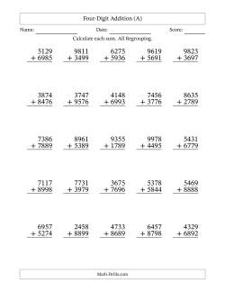 Four-Digit Addition With All Regrouping – 25 Questions