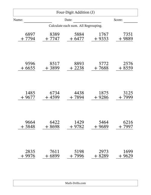 The Four-Digit Addition With All Regrouping – 25 Questions (J) Math Worksheet