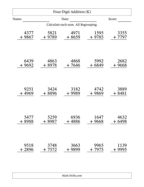 The Four-Digit Addition With All Regrouping – 25 Questions (K) Math Worksheet