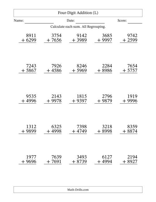 The Four-Digit Addition With All Regrouping – 25 Questions (L) Math Worksheet