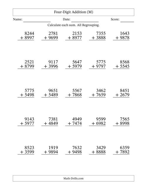 The Four-Digit Addition With All Regrouping – 25 Questions (M) Math Worksheet