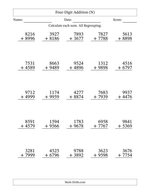 The Four-Digit Addition With All Regrouping – 25 Questions (N) Math Worksheet