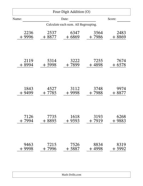 The Four-Digit Addition With All Regrouping – 25 Questions (O) Math Worksheet