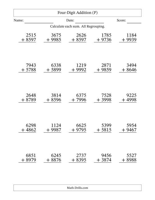 The Four-Digit Addition With All Regrouping – 25 Questions (P) Math Worksheet
