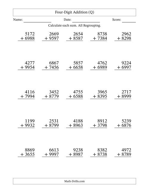 The Four-Digit Addition With All Regrouping – 25 Questions (Q) Math Worksheet