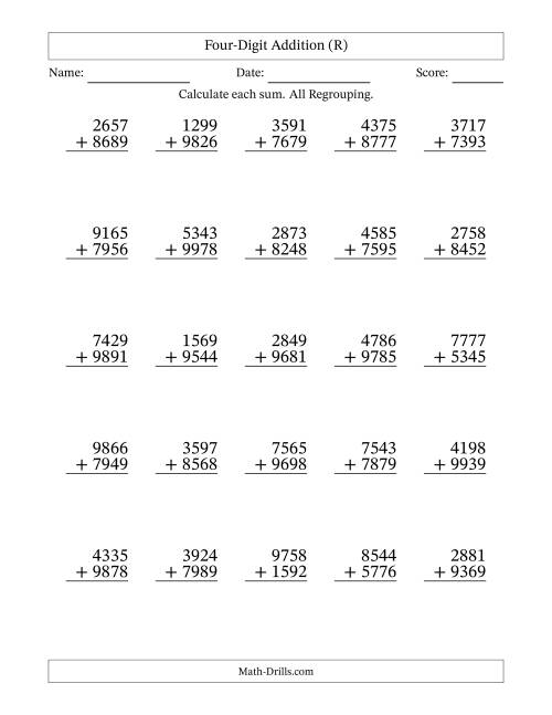 The Four-Digit Addition With All Regrouping – 25 Questions (R) Math Worksheet