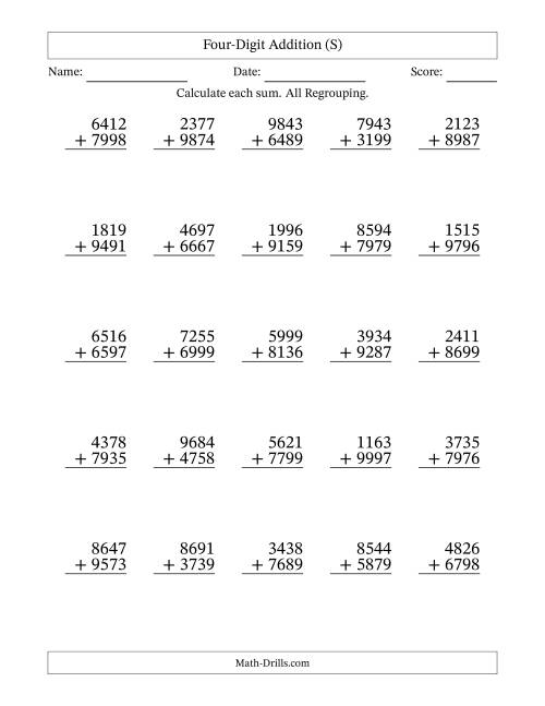 The Four-Digit Addition With All Regrouping – 25 Questions (S) Math Worksheet
