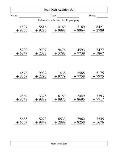 The Four-Digit Addition With All Regrouping – 25 Questions (U) Math Worksheet