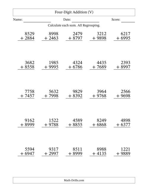 The Four-Digit Addition With All Regrouping – 25 Questions (V) Math Worksheet