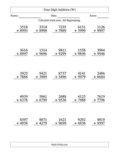 The Four-Digit Addition With All Regrouping – 25 Questions (W) Math Worksheet
