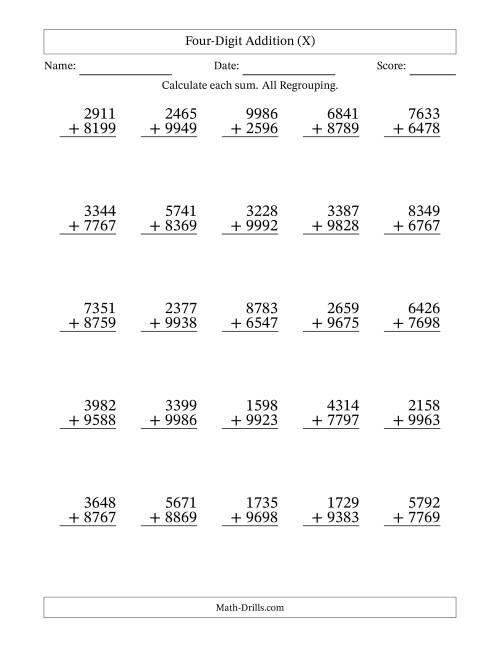 The Four-Digit Addition With All Regrouping – 25 Questions (X) Math Worksheet
