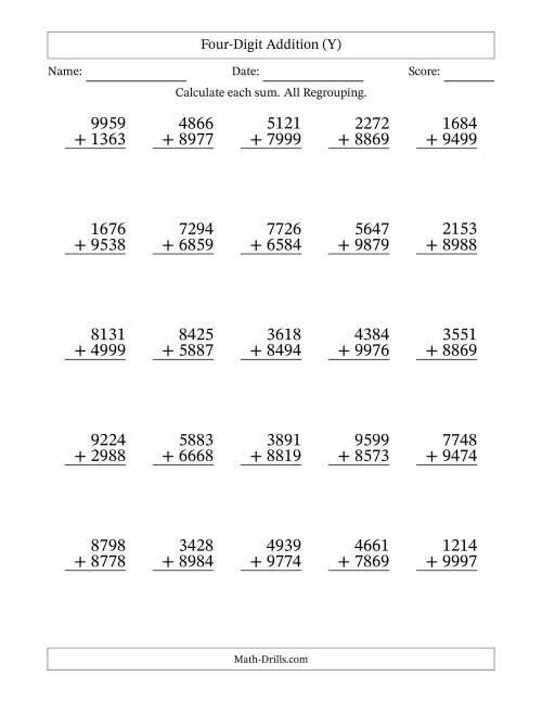 The Four-Digit Addition With All Regrouping – 25 Questions (Y) Math Worksheet