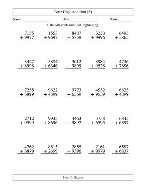 The Four-Digit Addition With All Regrouping – 25 Questions (Z) Math Worksheet