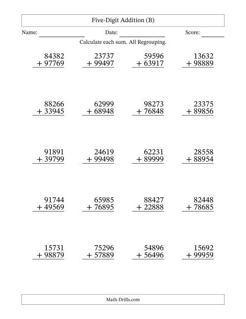 The Five-Digit Addition With All Regrouping – 20 Questions (B) Math Worksheet