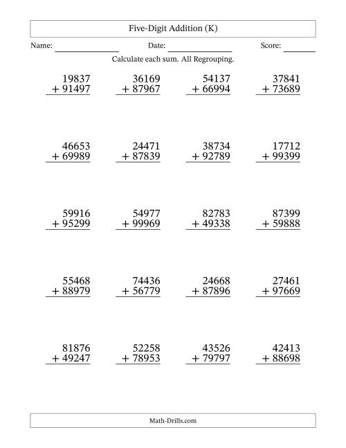 The Five-Digit Addition With All Regrouping – 20 Questions (K) Math Worksheet