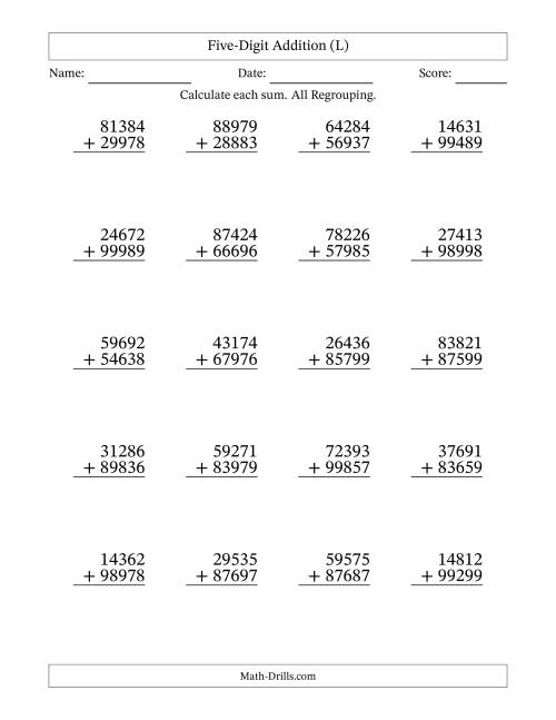 The Five-Digit Addition With All Regrouping – 20 Questions (L) Math Worksheet
