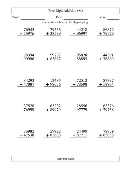 The Five-Digit Addition With All Regrouping – 20 Questions (M) Math Worksheet