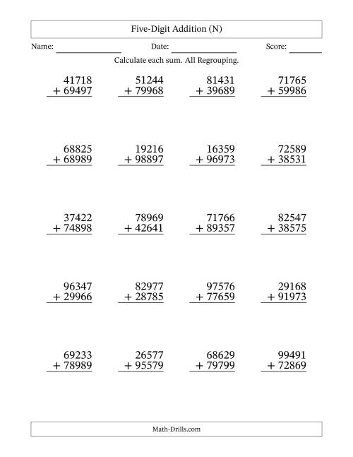 The Five-Digit Addition With All Regrouping – 20 Questions (N) Math Worksheet
