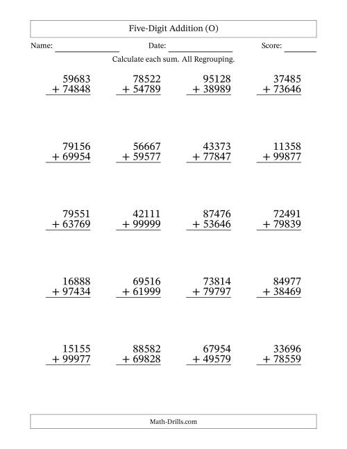 The Five-Digit Addition With All Regrouping – 20 Questions (O) Math Worksheet