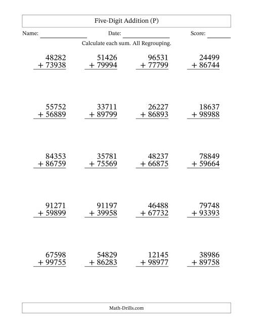 The Five-Digit Addition With All Regrouping – 20 Questions (P) Math Worksheet