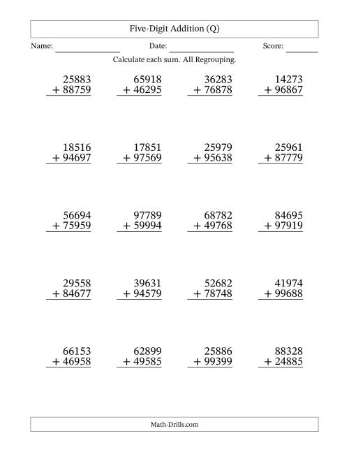 The Five-Digit Addition With All Regrouping – 20 Questions (Q) Math Worksheet