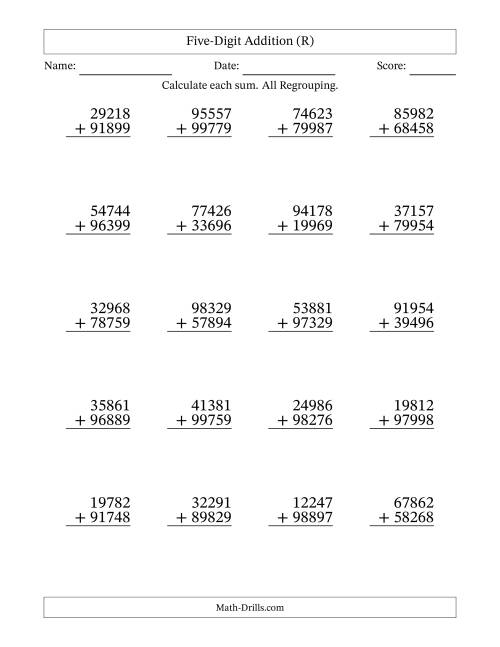 The Five-Digit Addition With All Regrouping – 20 Questions (R) Math Worksheet