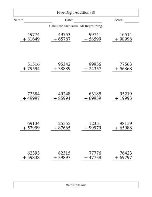 The Five-Digit Addition With All Regrouping – 20 Questions (S) Math Worksheet
